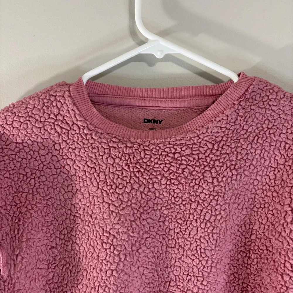 DKNY‎ Girls Pink Sherpa Fleece Ruffle Shoulder Sweatshirt Pullover Size 6X
